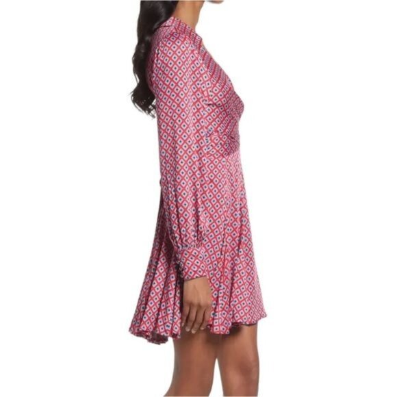 New Free People Long-Sleeve Wrap Dress Open Back & Tie Detail in Red Geometric S - Picture 6 of 11